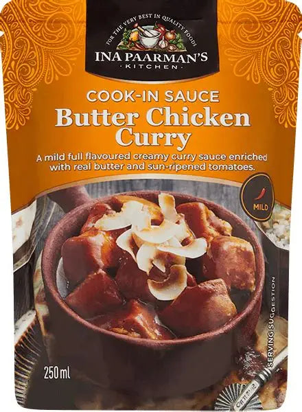 Ina Paarman’s Butter Chicken Curry Cook‑In Sauce - A rich, creamy butter chicken curry sauce with tomato, coconut, butter, and warm spices.