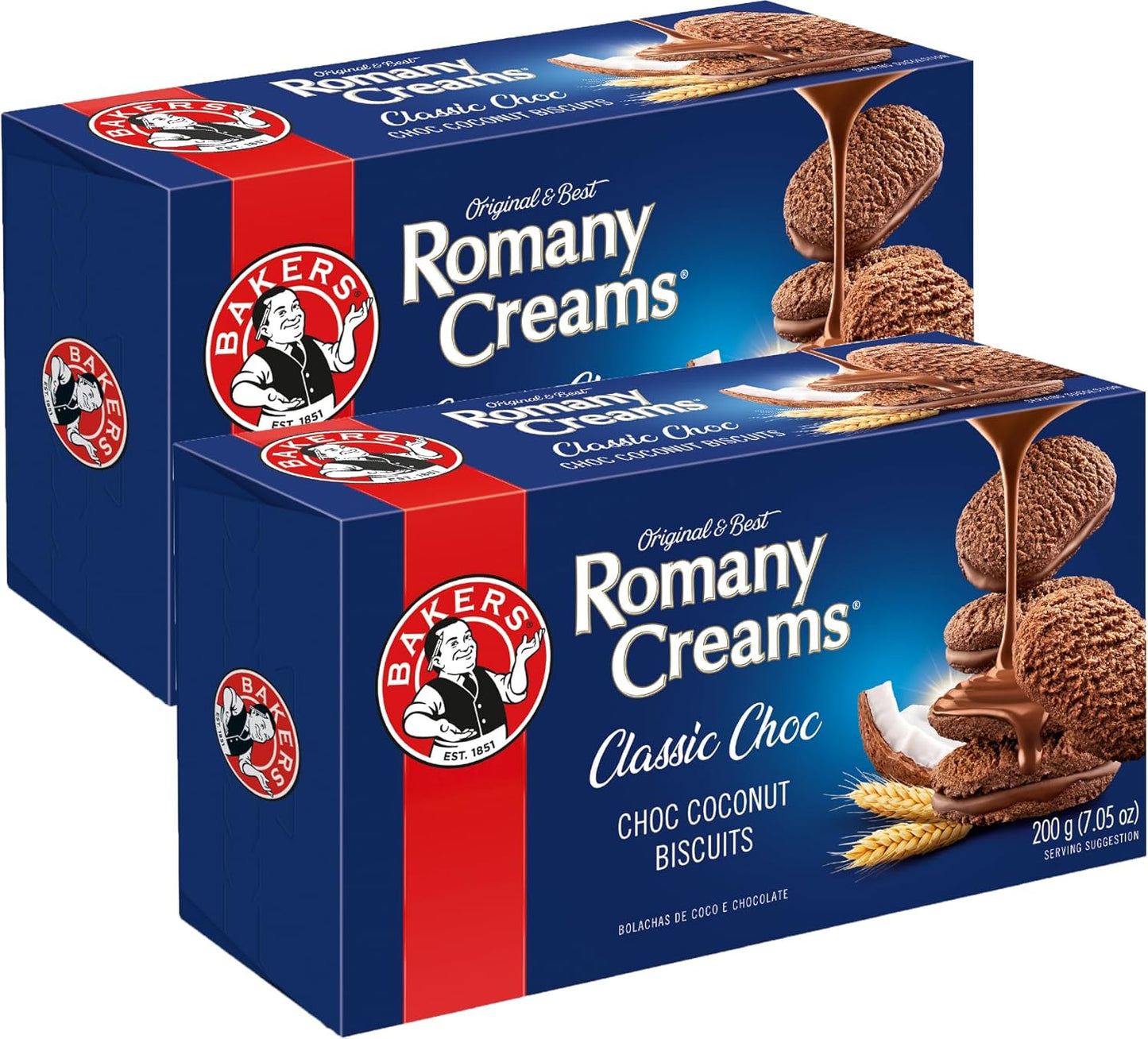 Bakers Romany Creams Classic Choc 200g -Crunchy chocolate‑coconut biscuits with a creamy chocolate centre — a true South African classic.