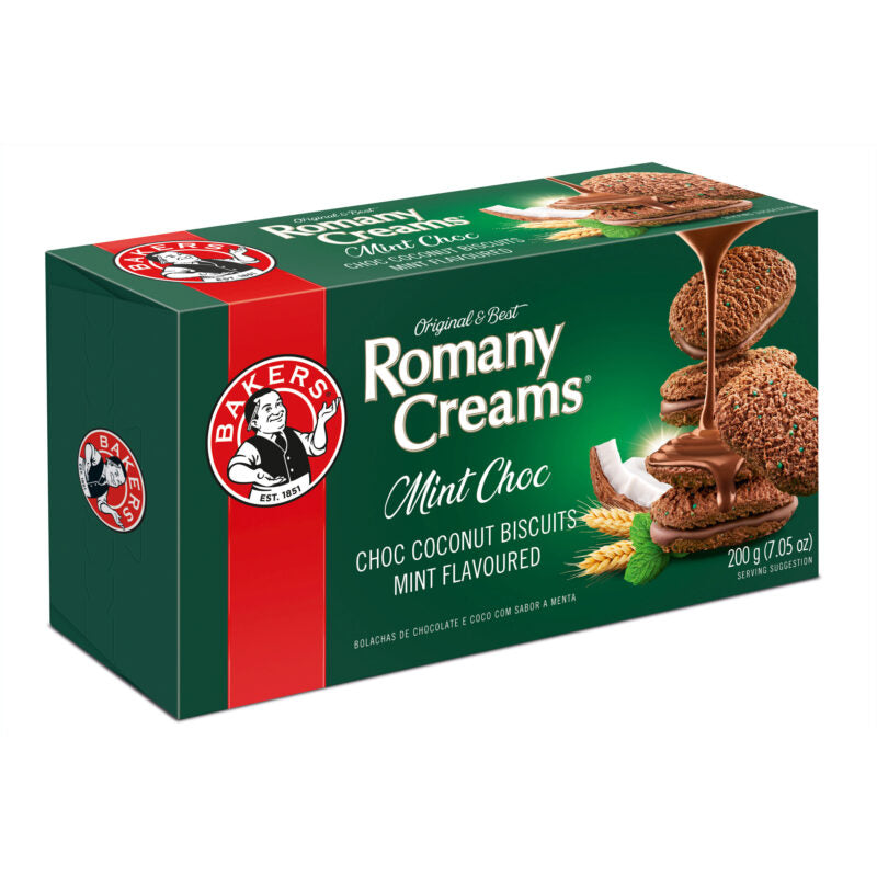 Bakers Romany Creams - Mint Choc - Crunchy chocolate‑coconut biscuits with a refreshing mint‑choc cream centre — a cool twist on a South African classic.