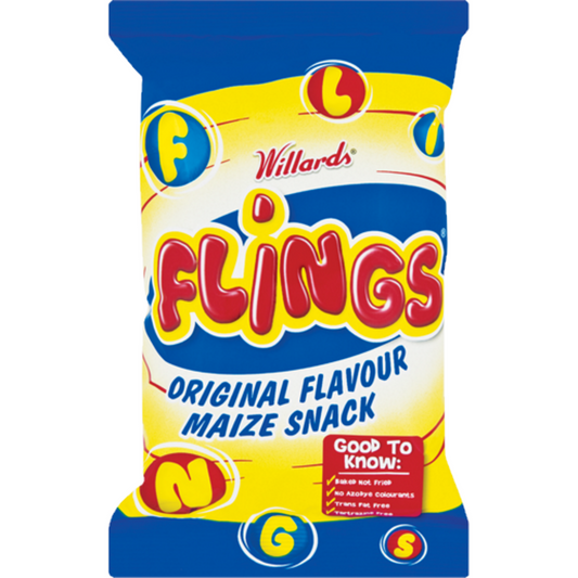 Willards Flings – 150g Light, fluffy maize puffs that melt in your mouth — a true South African classic.